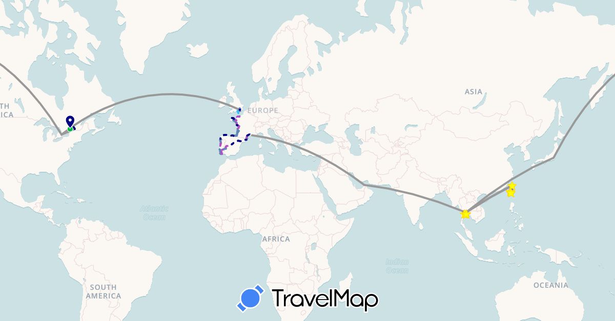 TravelMap itinerary: driving, bus, plane, cycling, train, hiking, boat in United Arab Emirates, Canada, Spain, France, United Kingdom, Japan, Portugal, Thailand, Taiwan (Asia, Europe, North America)
